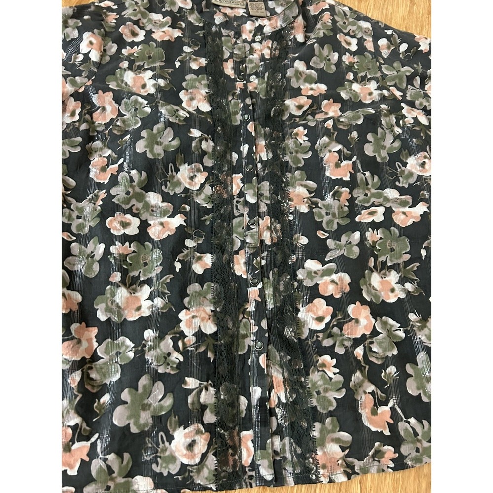Dark Romantic Floral Lace Country Metallic Snap Button Blouse Dark Green Medium - Picture 4 of 11